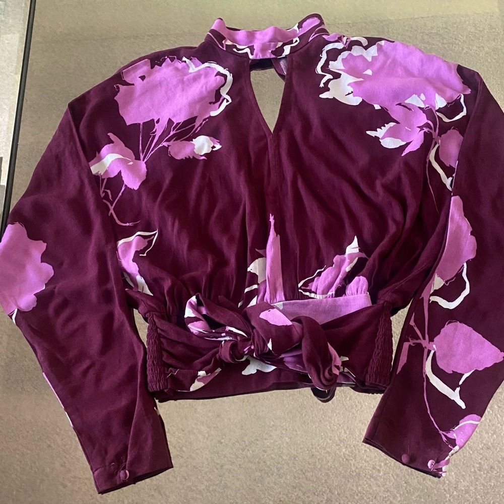 Free People Red Crop Blouse with Mandarin Collar